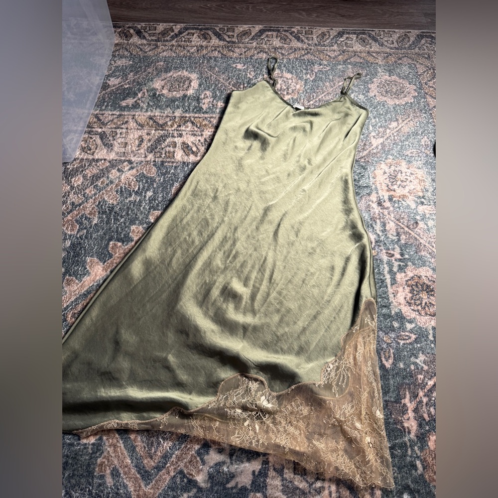 Aritzia Wilfred Olive Green Slip Dressl with Lace Trim